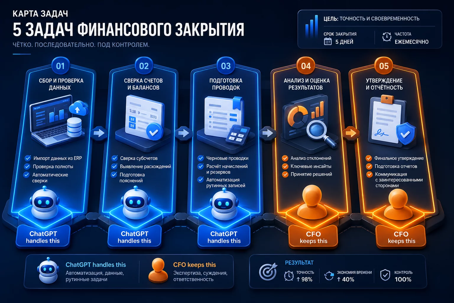 Карта задач ChatGPT при закрытии месяца: что нейросеть делает, что остаётся финансисту